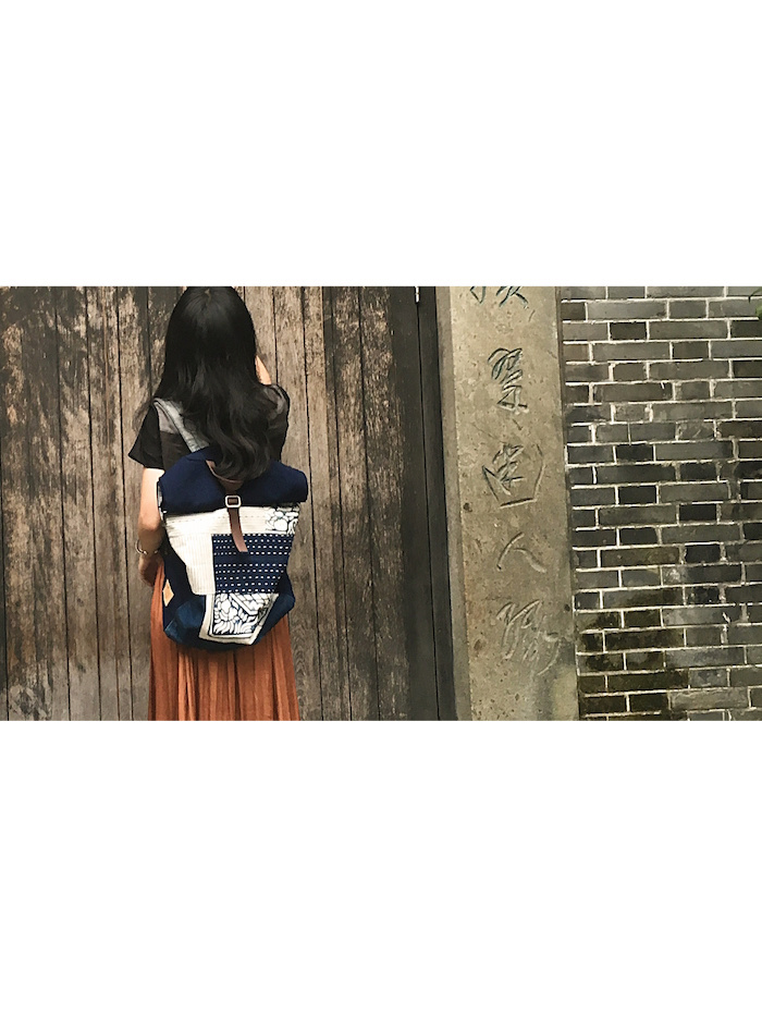 行者  手织土布&蓝夹缬布  拼布 刺子 双肩卷口包